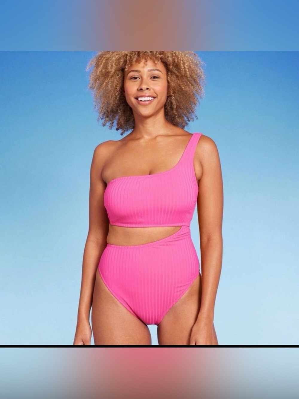 NWT Shade & Shore Women's One Shoulder One Piece Swim suit  Pink cutout out